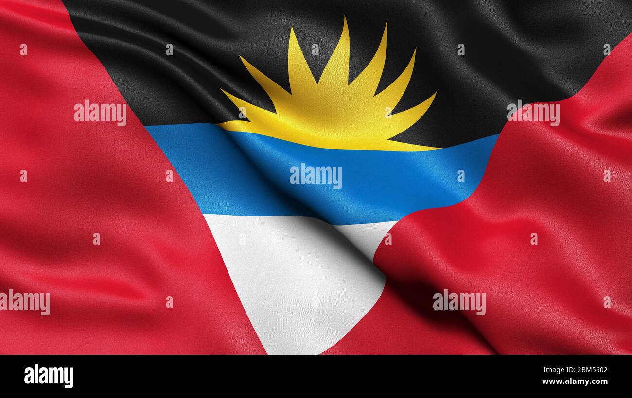3D illustration of the flag of Antigua and Barbuda waving in the wind. Stock Photo