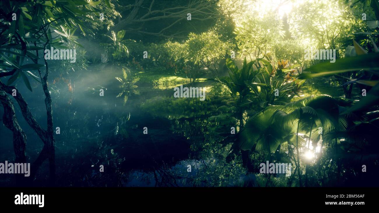 Jungle paradise concept. Deep and dense rainforest vegetation with pond and beautiful sunlight. 3d rendering. Stock Photo