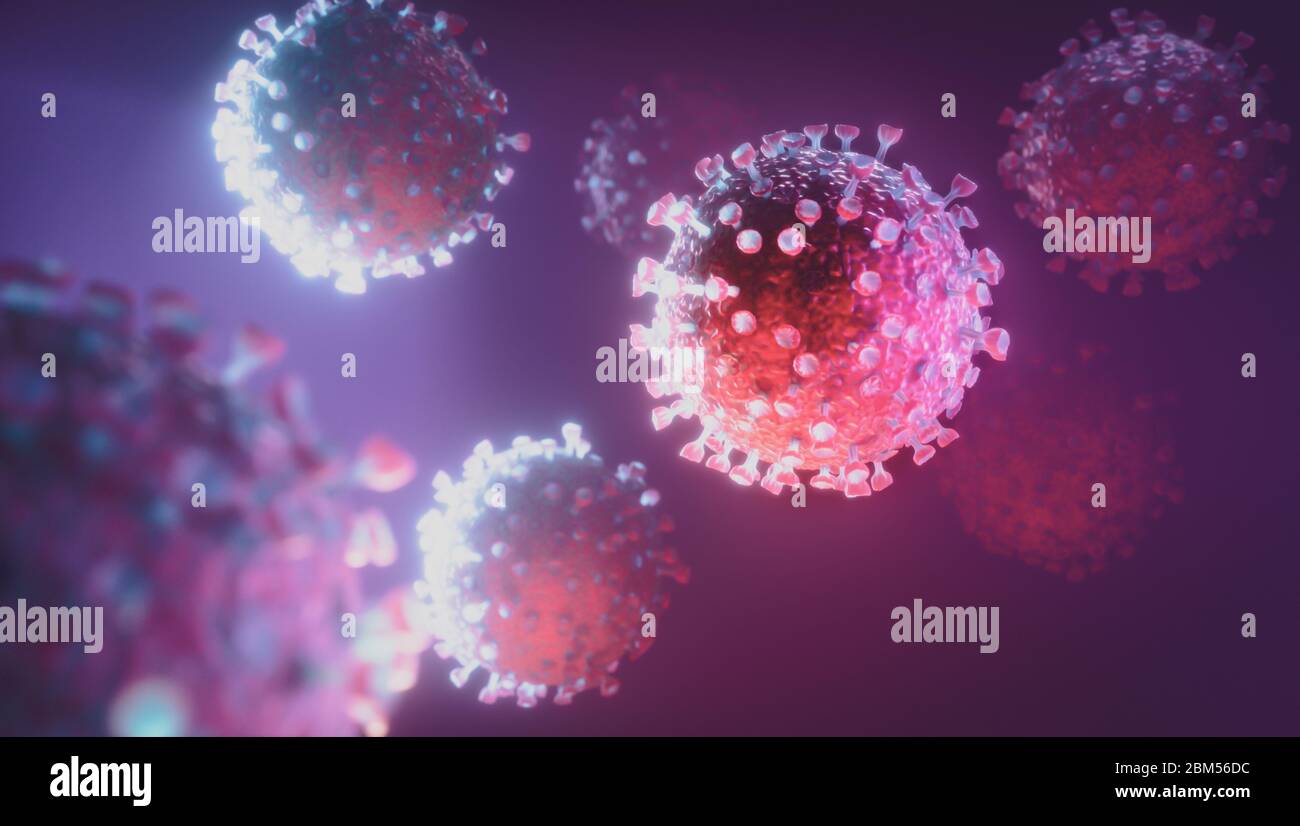 Concept of multiple covid 19  coronavirus on purple background. 3d illustration. Stock Photo