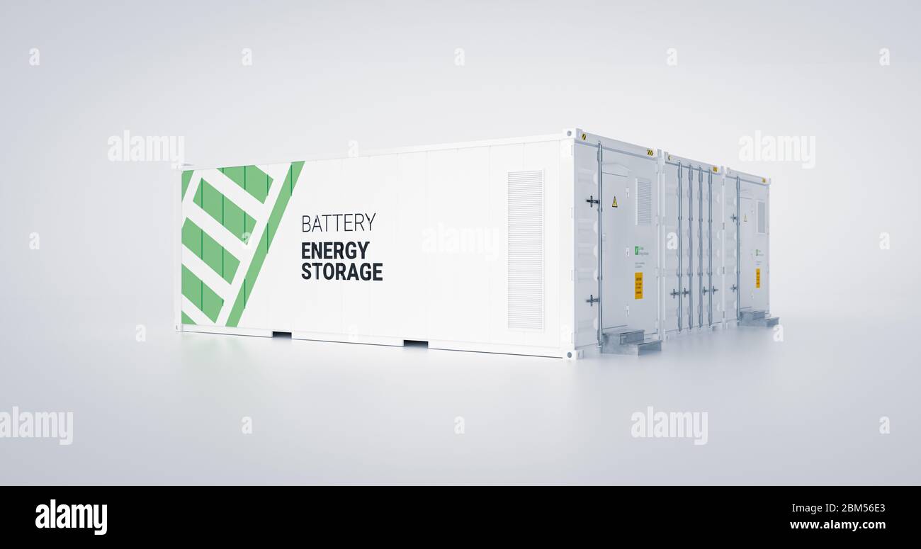 Concept of energy storage unit - multiple conected containers with batteries. 3d rendnering. Stock Photo