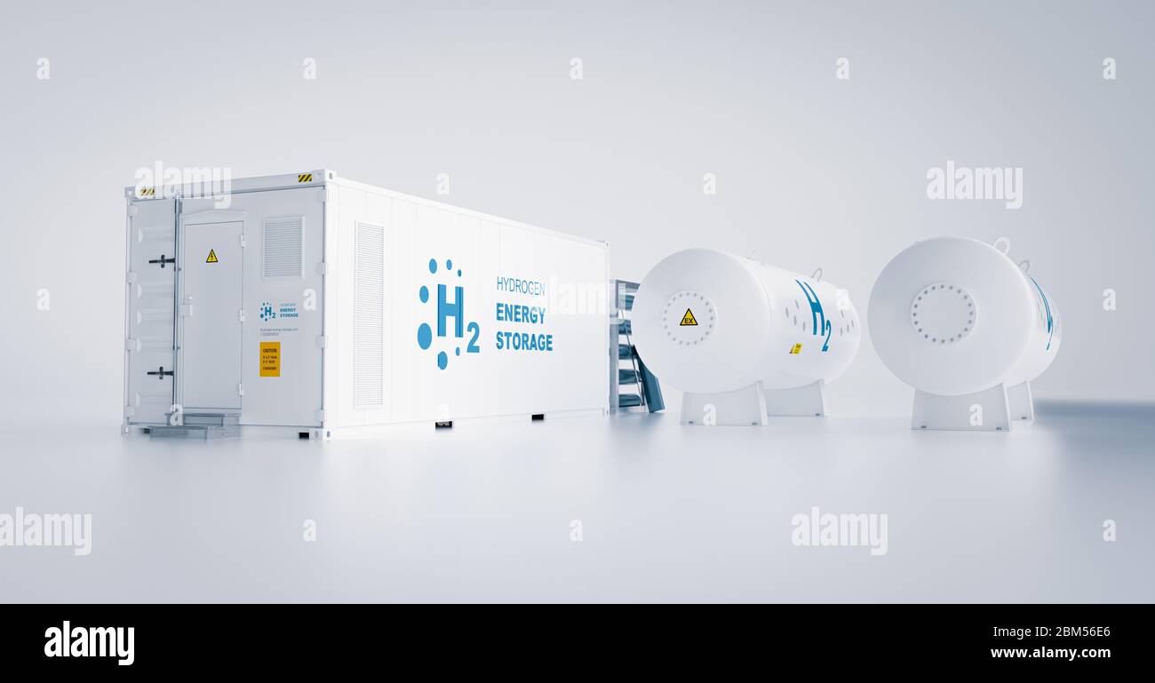 Renewable energy storage - hydrogen gas to clean electricity facility situated on white background. 3d rendering. Stock Photo