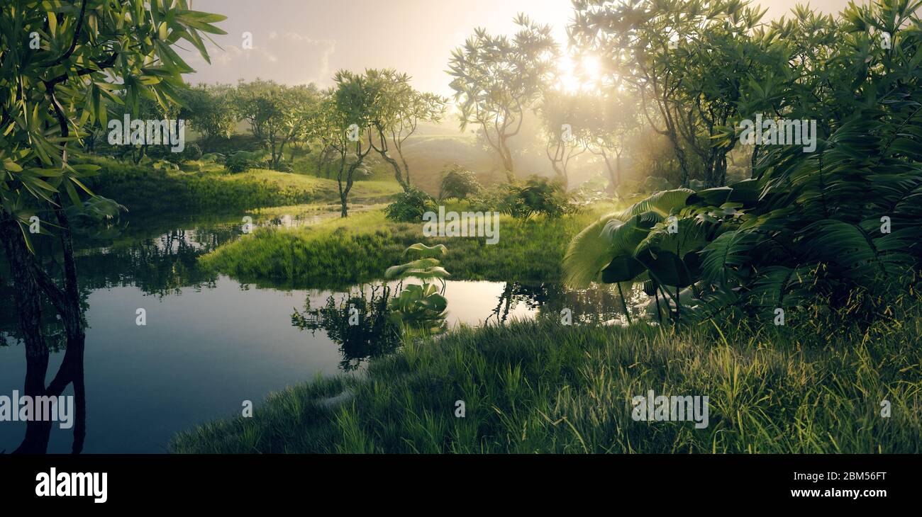 Fresh green paradise scenery - amazonian tropical rainforest environment with calm river in beautiful sunset light. 3d rendering. Stock Photo