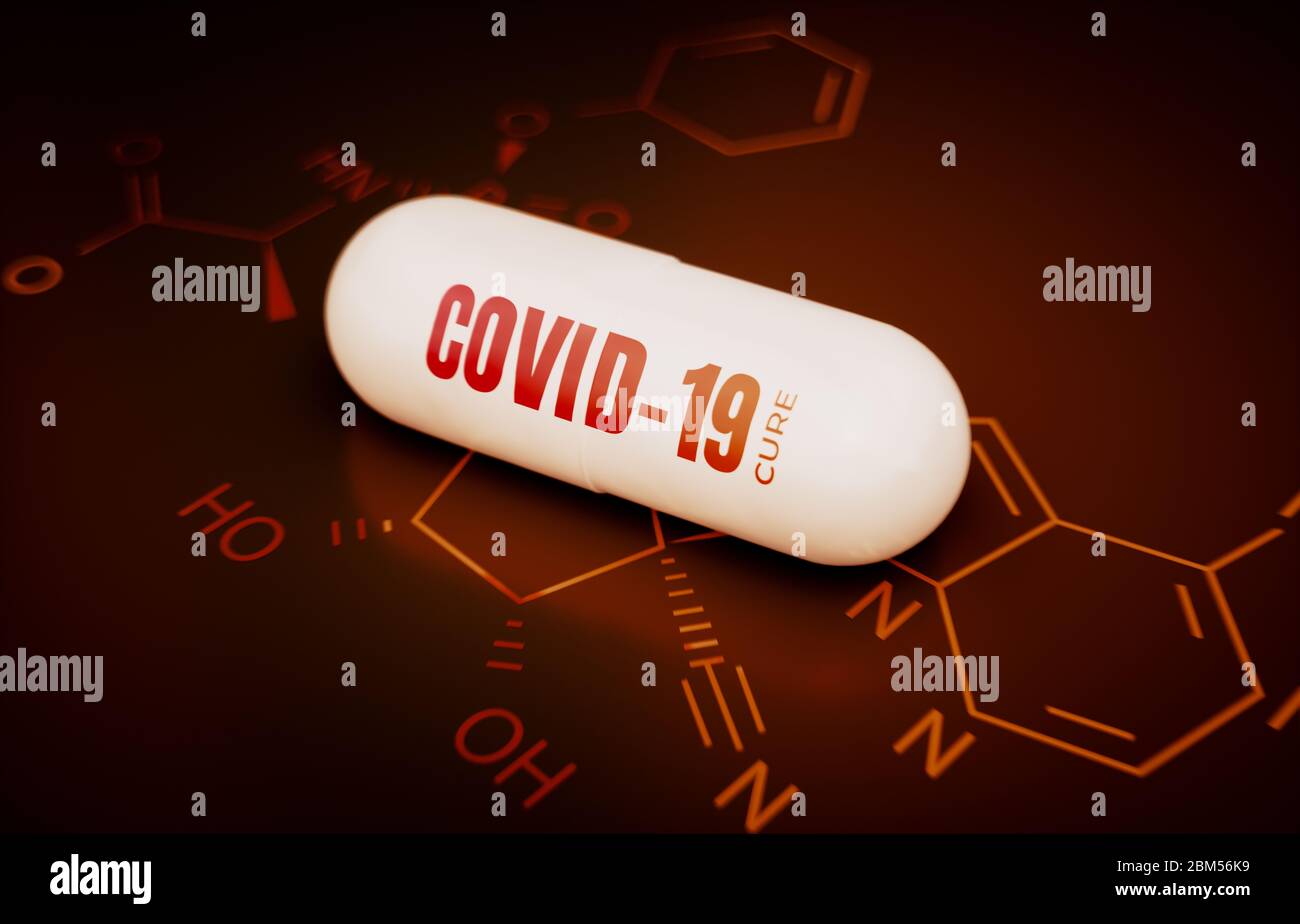 Concept of a covid-19 coronavirus cure. 3d rendering of a pill on a hi tech red background with chemical formula. Stock Photo