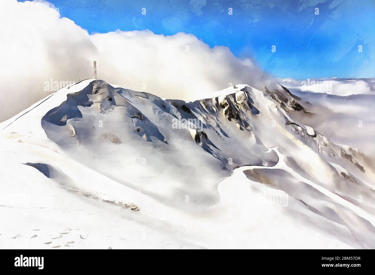 Beautiful winter mountain landscape with meteo station colorful painting Stock Photo