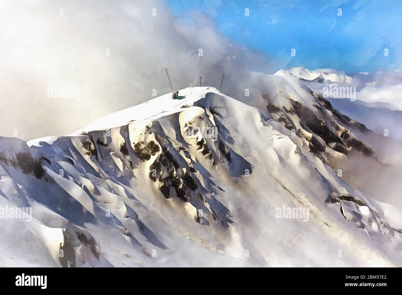 Beautiful winter mountain landscape with meteo station colorful painting Stock Photo