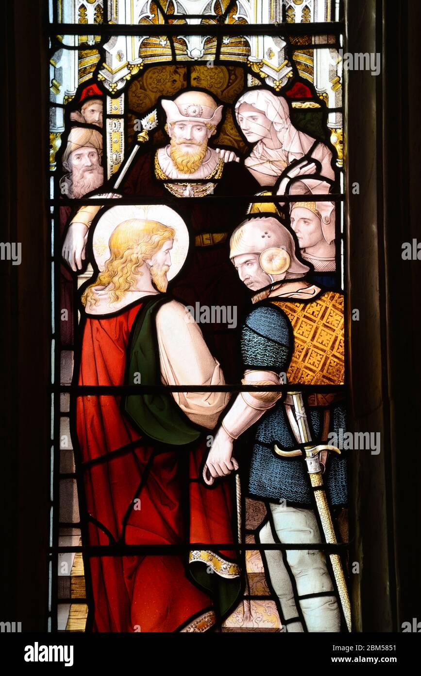 Pontius Pilate, Governor of Judea c26-36AD, & Jesus Christ Stained Glass Window in Holy Trinity Church or Shakespeare's Church Stratford-upon-Avon Stock Photo