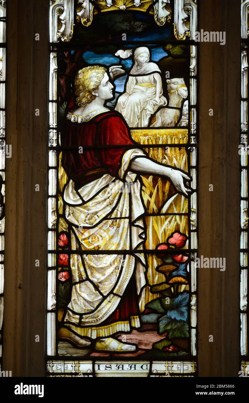 Stained Glass Window of Isaac, son of Abraham & Sarah, in Holy Trinity Church or Shakespeare Memorial Church Stratford-upon-Avon Warwickshire England Stock Photo