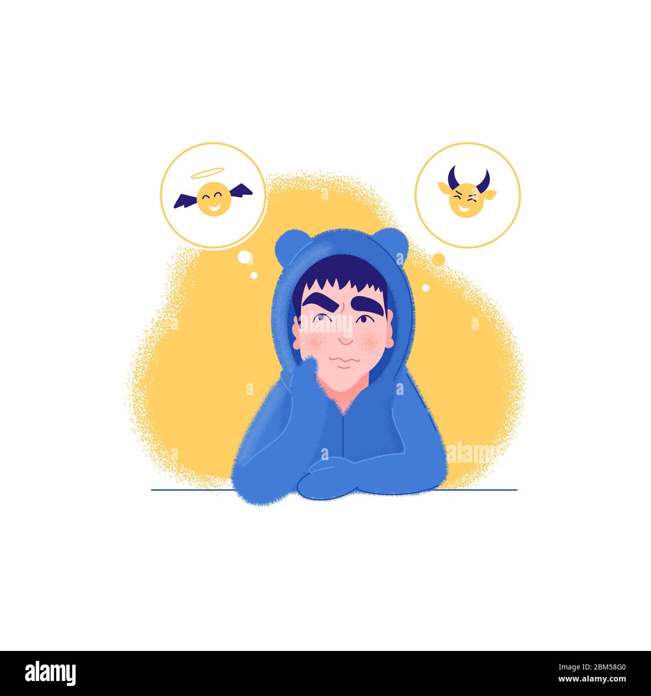 Man in pensive mood wearing blue bear costume. Contradiction concept. Stock Vector