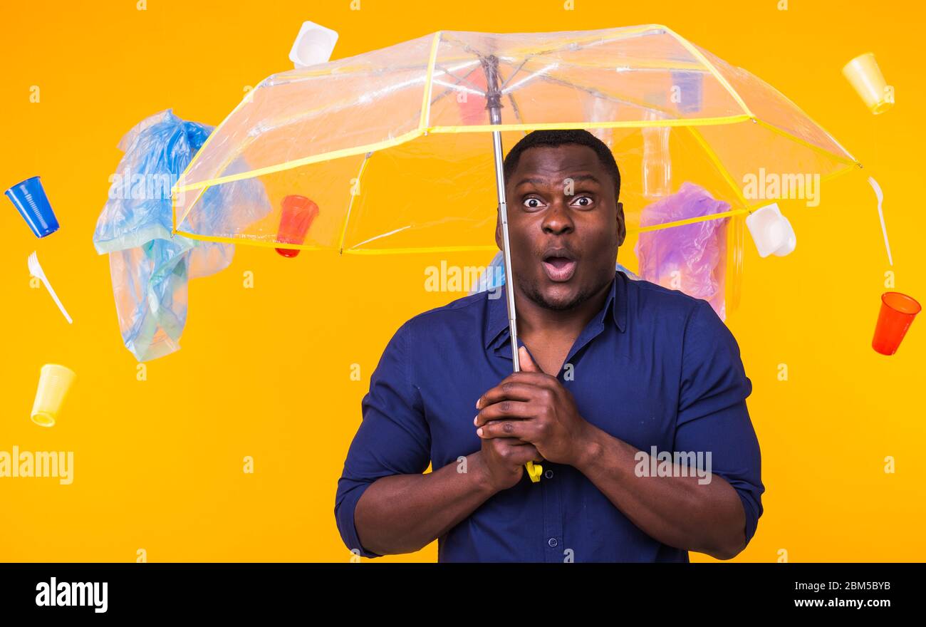 Plastic recycling problem, ecology and environmental disaster concept Scared man screaming on