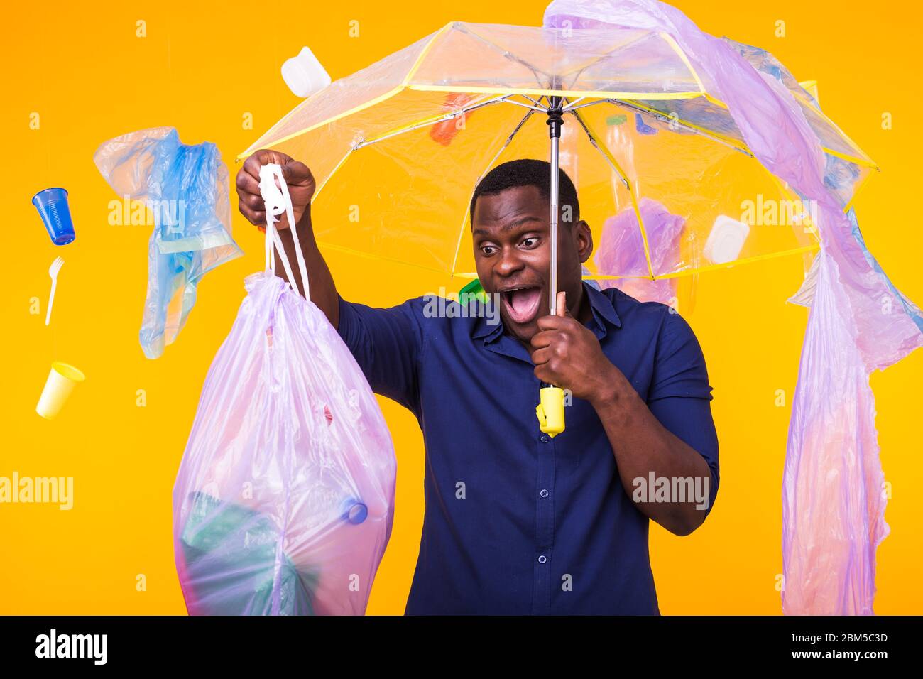 Plastic recycling problem, ecology and environmental disaster concept Scared man screaming on