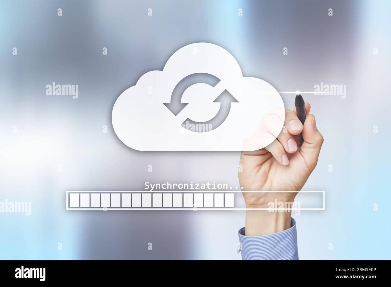 Cloud synchronization, Data storage, internet and computing concept on virtual screen Stock Photo