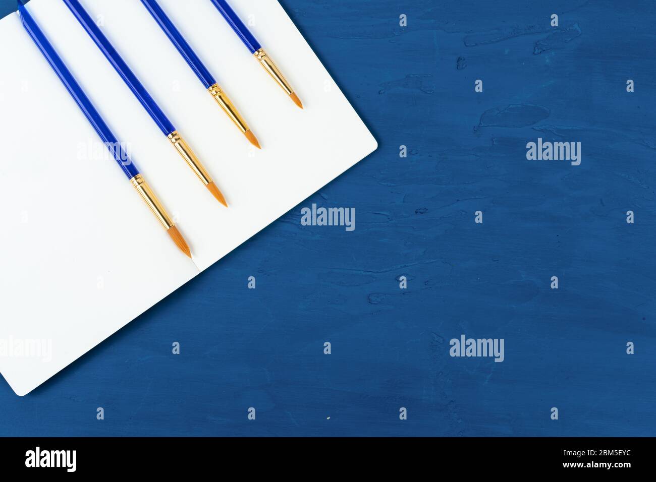 Blue paint brushes on classic blue background, view from above Stock ...