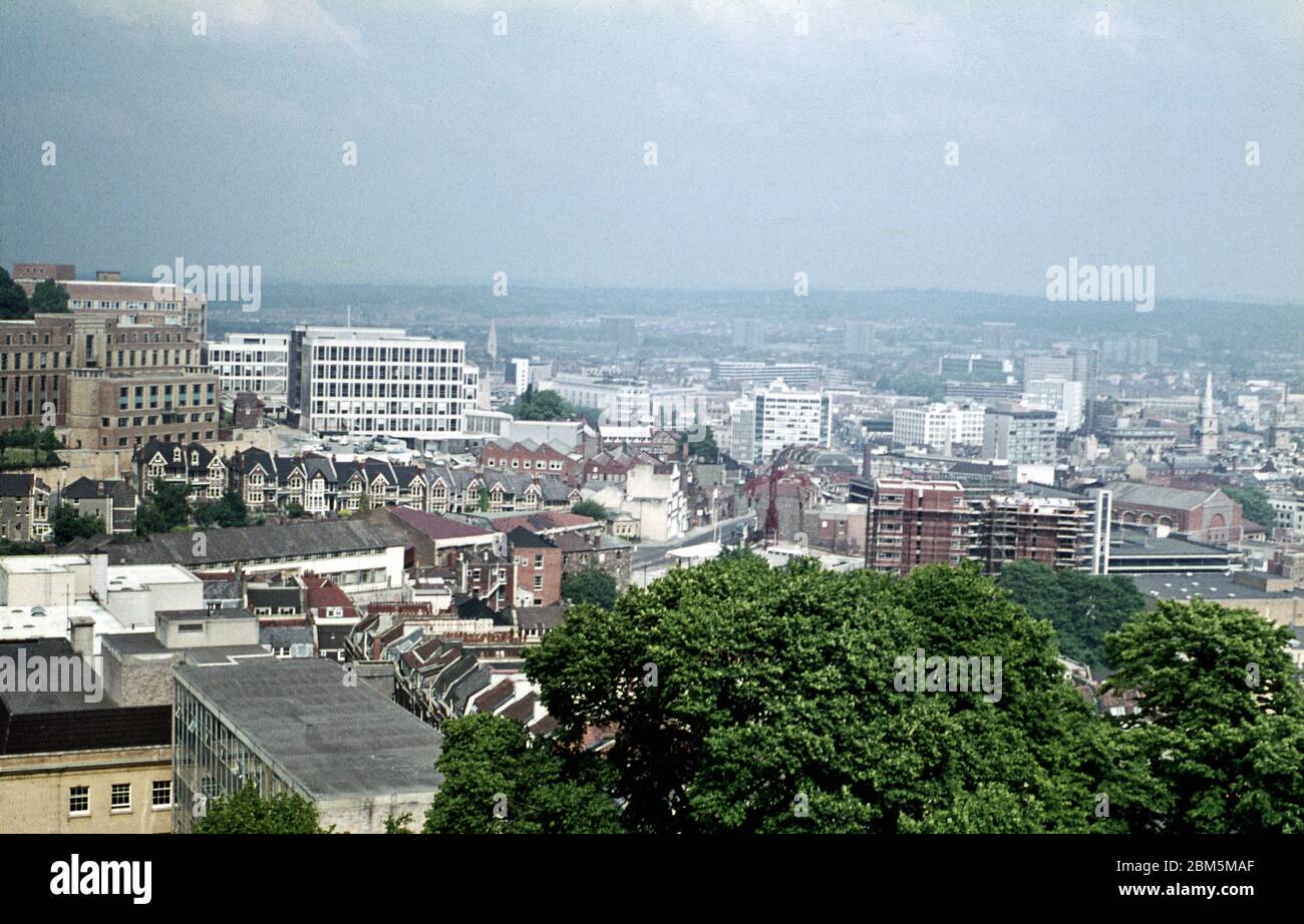A view from the top of the Cabot Tower on Brandon Hill in June 1970, looking towards Park Row and the edge of the Bristol University campus around the Wills Memorial Building, including the old Veterinary School buildings and some of the Science blocks.  The photograph was used with others taken at the time to create a panoramic view of the campus, using the photomerge facility in Adobe Photoshop Elements. Stock Photo