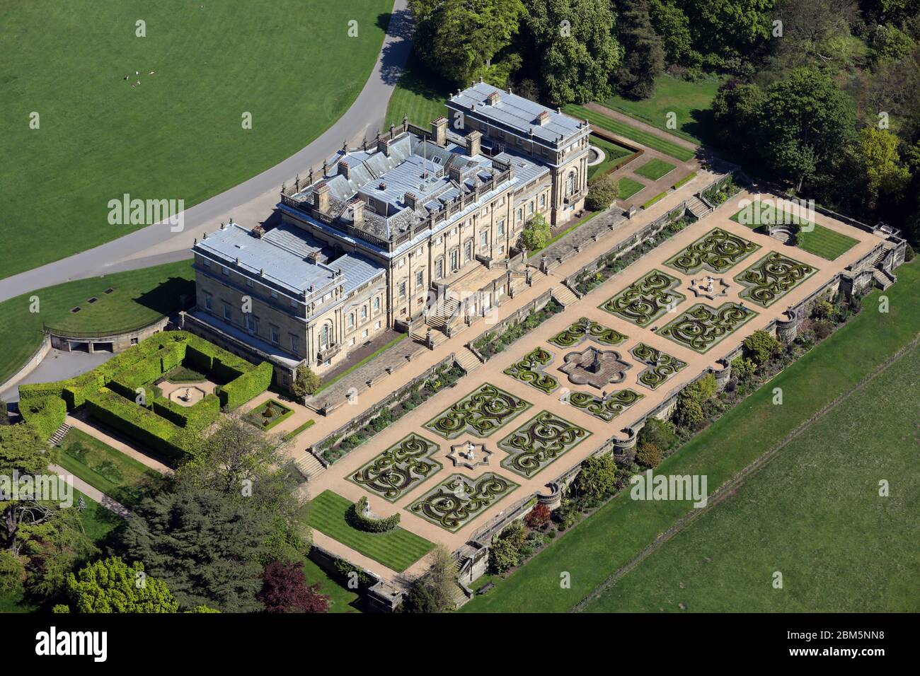 aerial view of Harewood House near Leeds, this taken from over 1500' Stock Photo