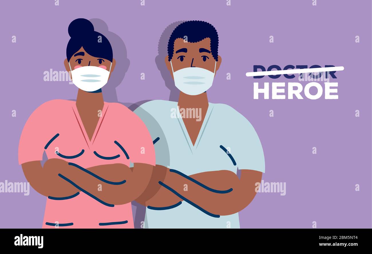 afro doctors couple using face masks for covid19 Stock Vector