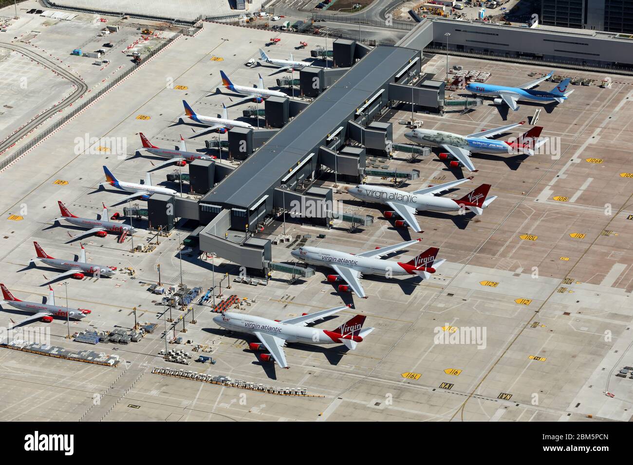 aerial view of Manchester International Airport under lock-down conditions in May 2020 Stock Photo