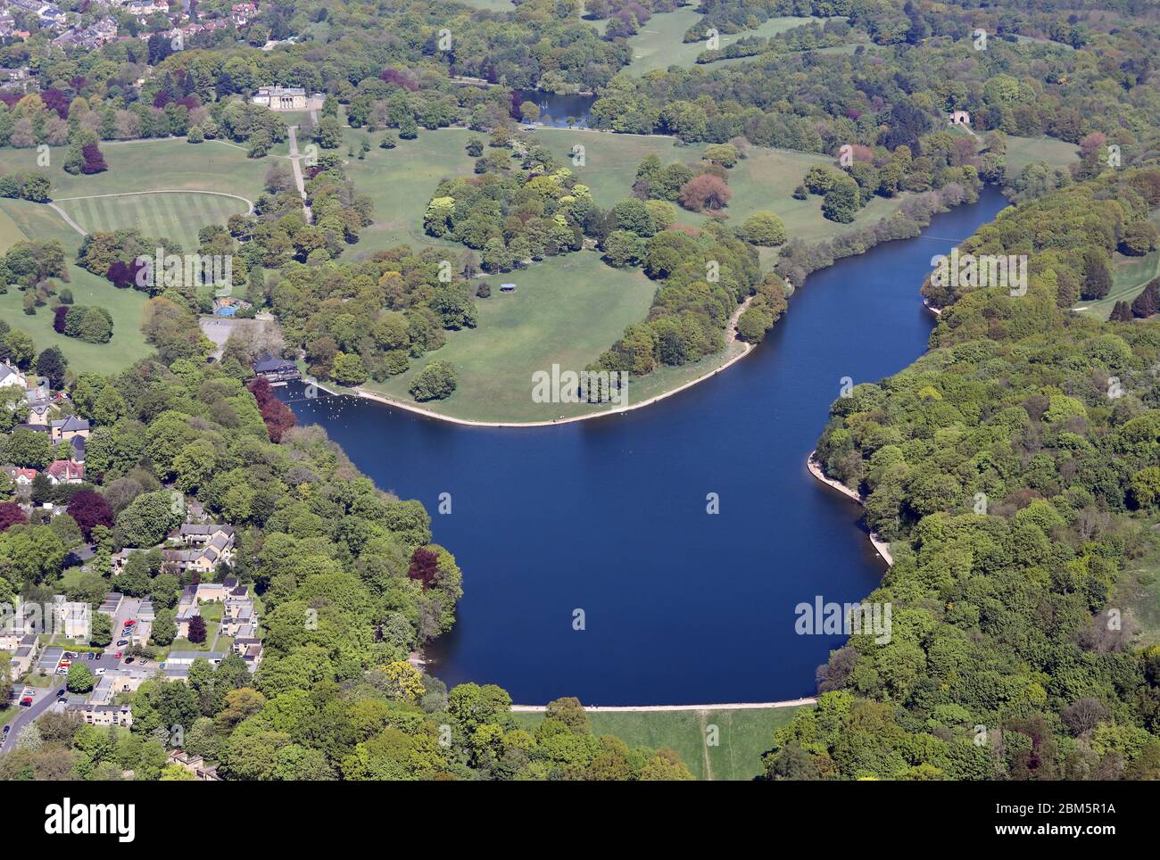 aerial view of Roundhay Park, Waterloo Lake, The Park Arena & The Mansion, Leeds, UK Stock Photo