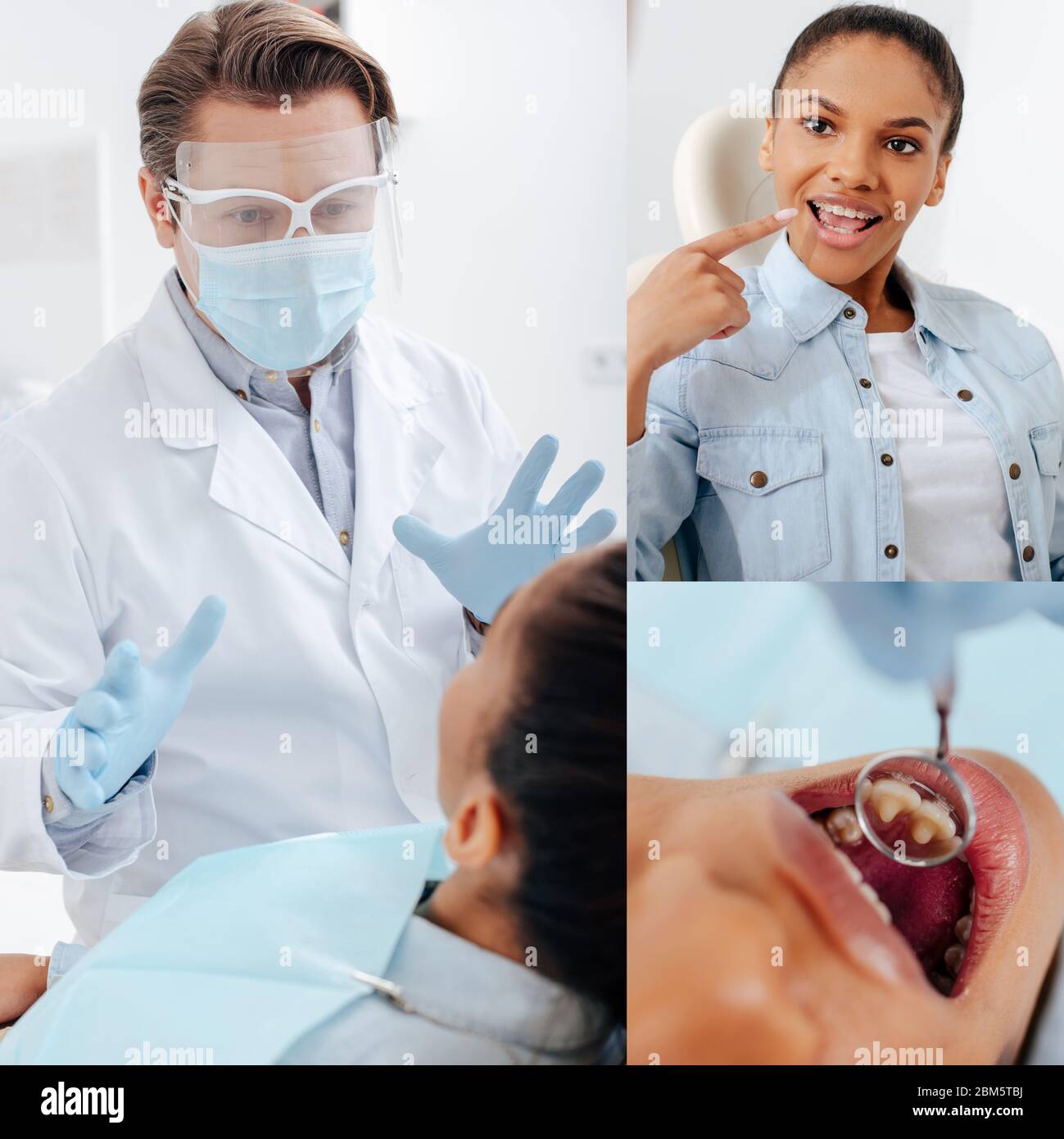 collage of dentist in face shield and medical mask gesturing near