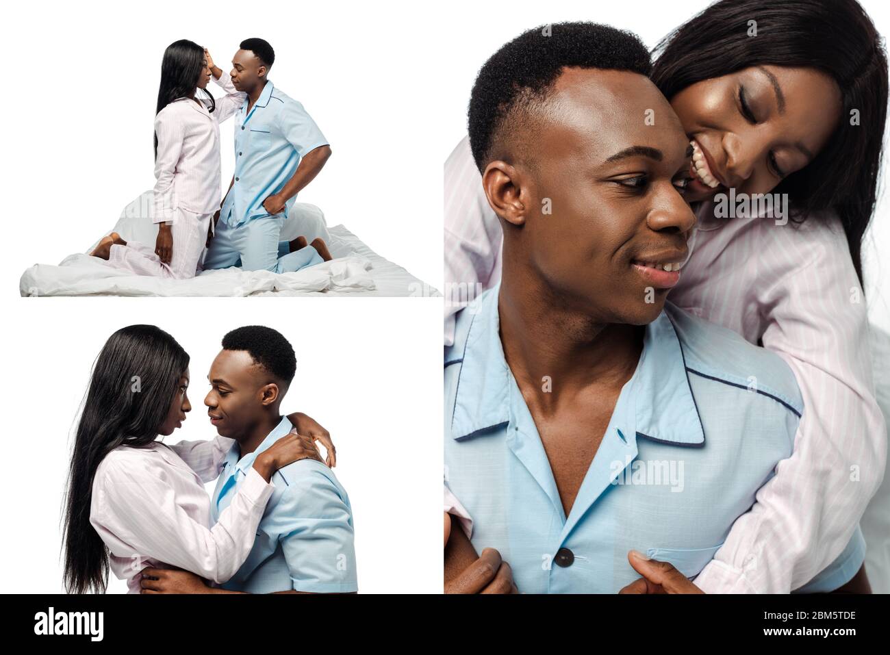 collage of happy african american couple hugging in bed in pajamas ...