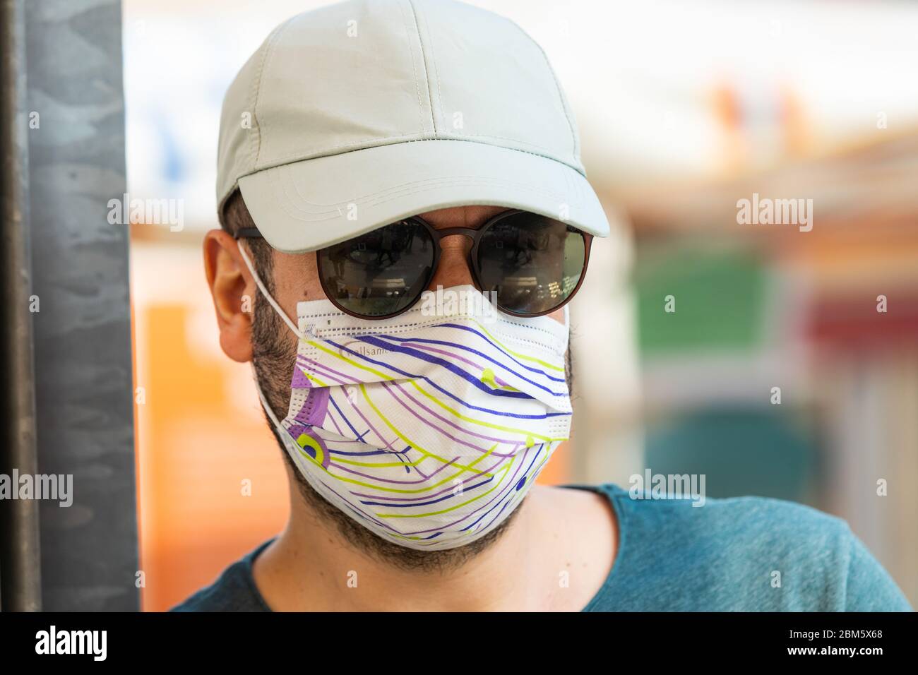 Vienna, AustriaApril 14,2020 portrait of a man wearing a colorful and