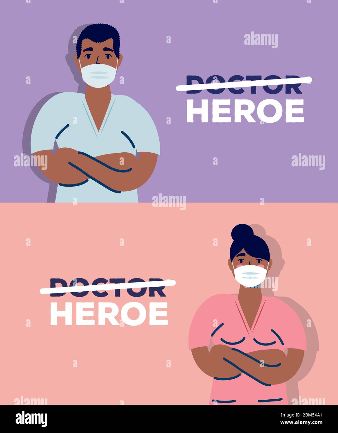 afro doctors couple using face masks for covid19 Stock Vector