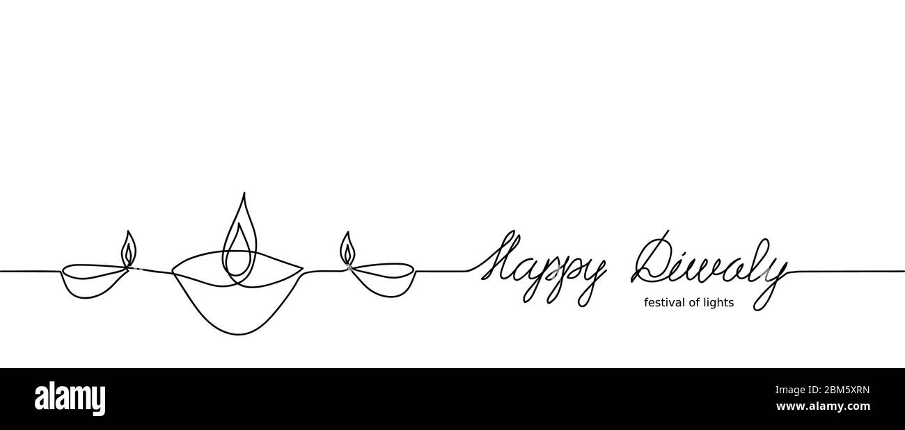 Happy Diwali minimal black and white banner or background with one line drawing oil lamp. Indian festival of lights Diwali. Quote for notebook Stock Vector