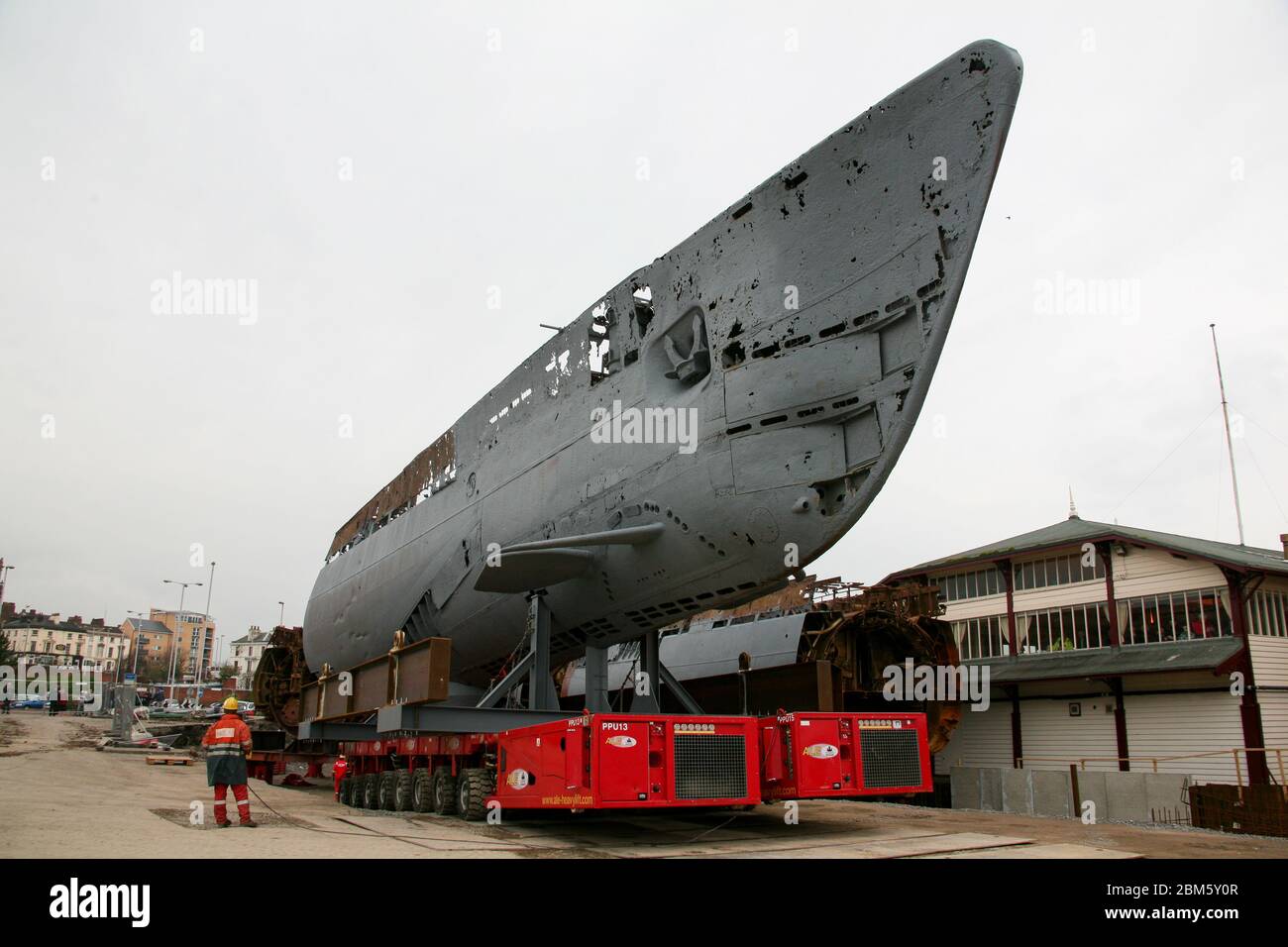 FILE: 7th May 2020. Photo taken: Birkenhead United Kingdom 15th March 2008 Bow Section and Central Section of U 534 having been brought ashore at the Woodside Ferry Terminal Credit: Photographing North/Alamy Live News Stock Photo
