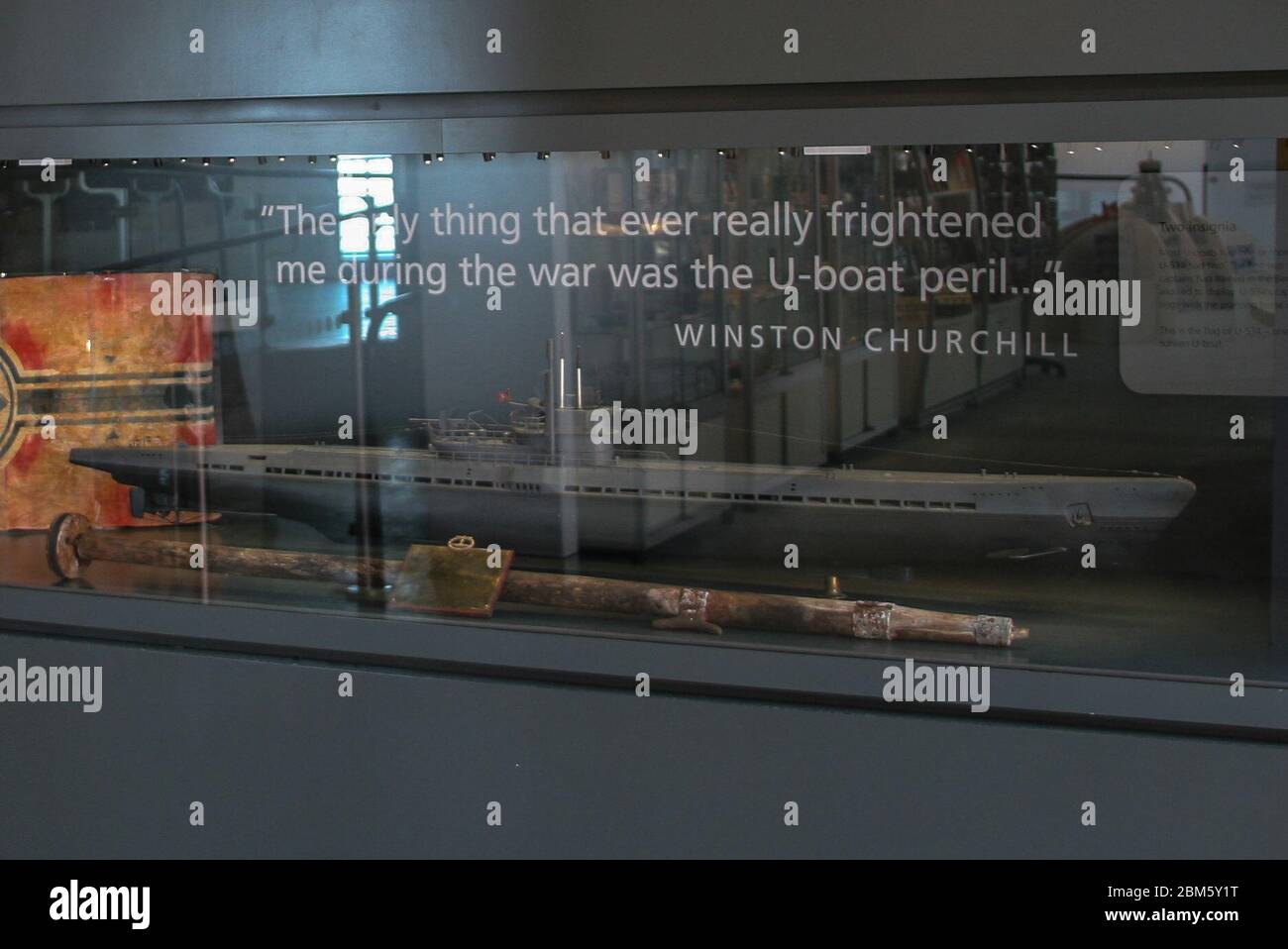 FILE: 7th May 2020. Photo taken: Seacombe, United Kingdom. 18th Mar, 2009. Churchill Quote over a model of the U 534 Credit: Photographing North/Alamy Live News Stock Photo