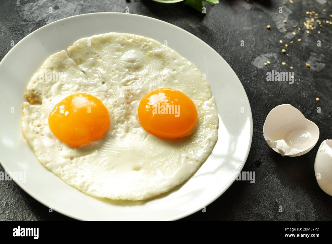 Fried eggs in a plate. Yolk closeup. Tasty breakfast. Appetizing egg