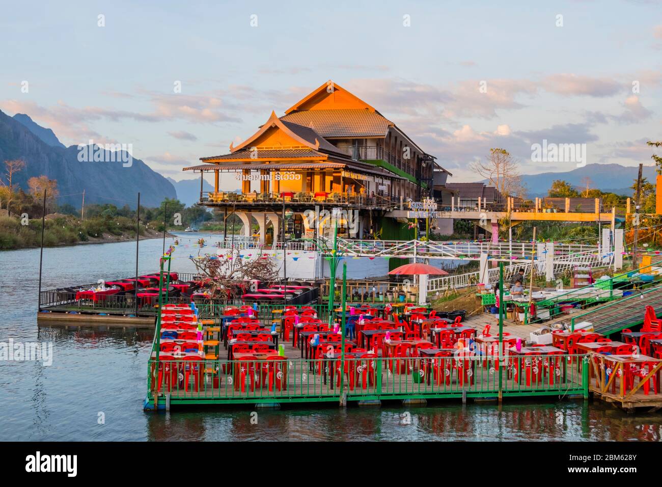 River View restaurant and hotel, Saysong island, Nam Song, Song river, Vang Vieng, Laos Stock Photo