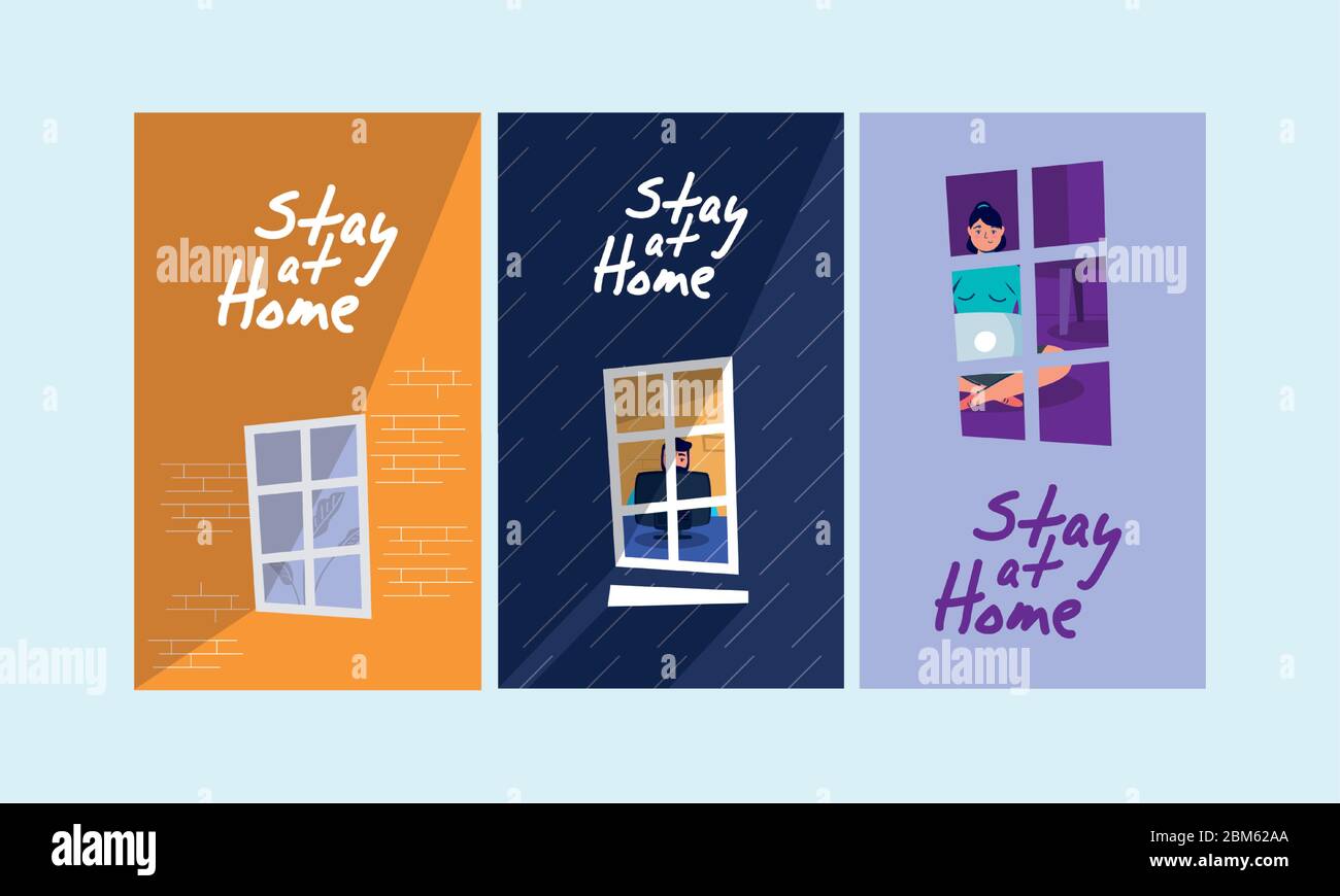 stay at home campaign set scenes Stock Vector