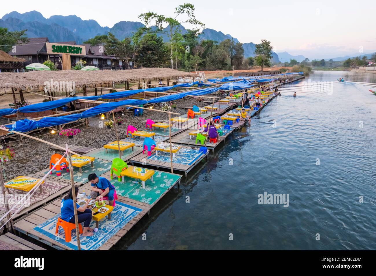 Cliff view riverside bar and restaurant, Nam Song, Song river, Vang Vieng, Laos Stock Photo