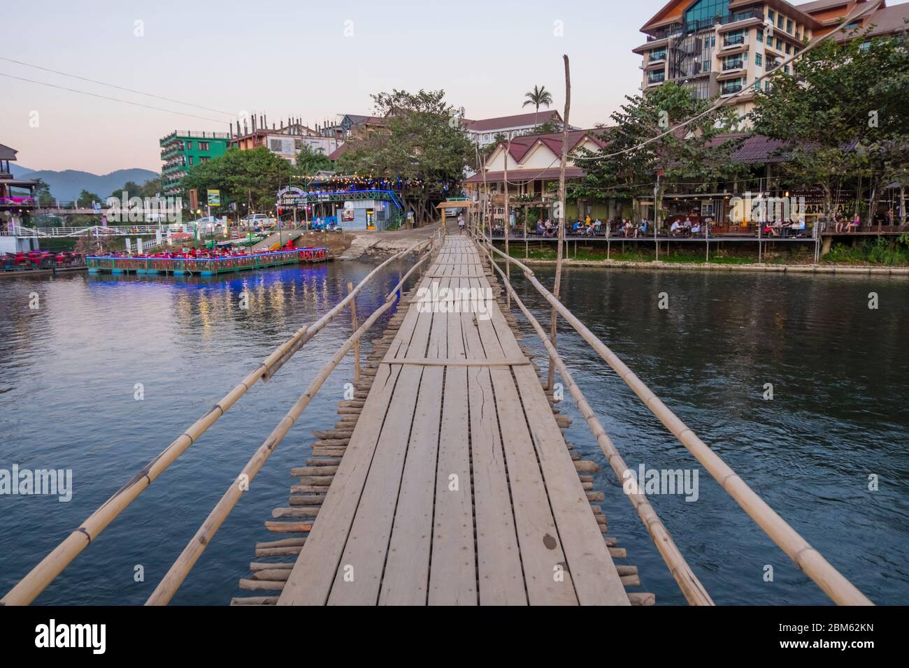 Footbridge, over Nam Song, Song river, Vang Vieng, Laos Stock Photo