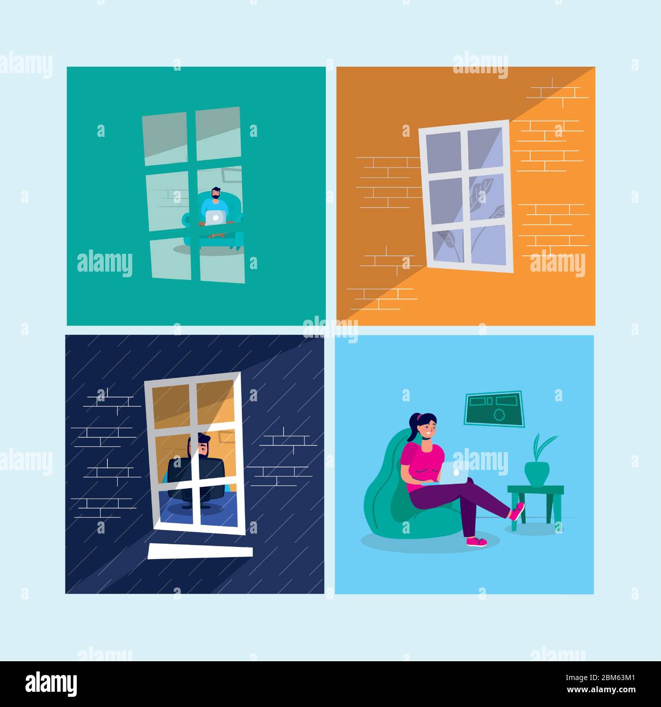 stay at home campaign set scenes Stock Vector