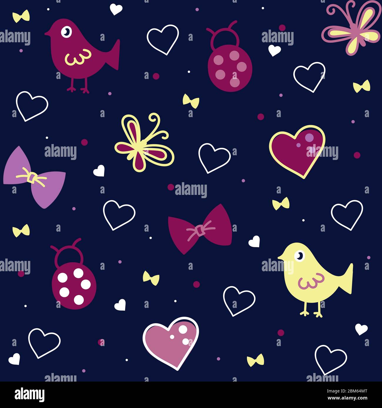 cute birds, ladybugs, bows, hearts on a dark background, seamless vector pattern for girls, pink, yellow, white color. for printing on fabric, paper Stock Vector