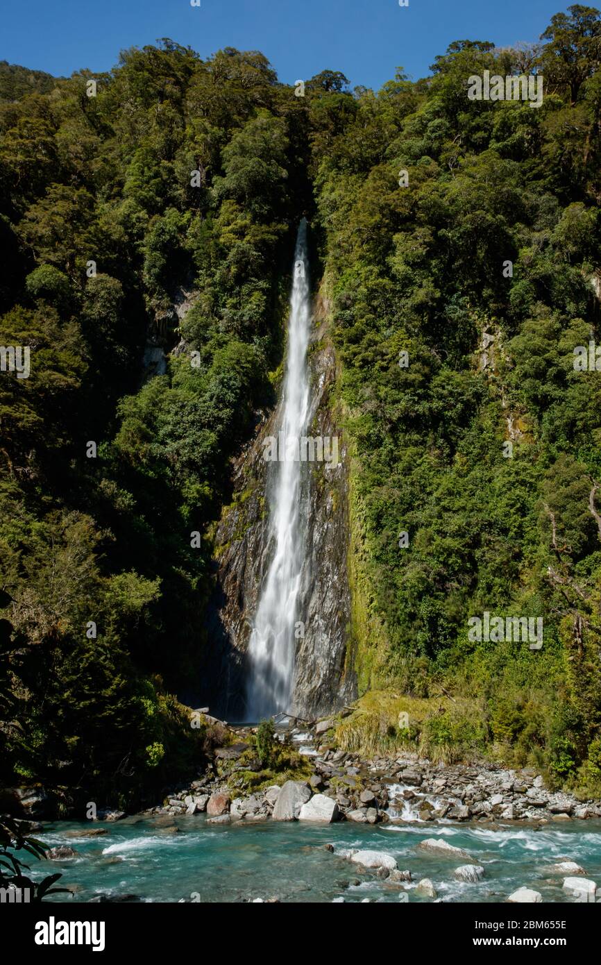 Thunder Creek Falls in Mount Aspiring National Park, New Zealand Stock Photo