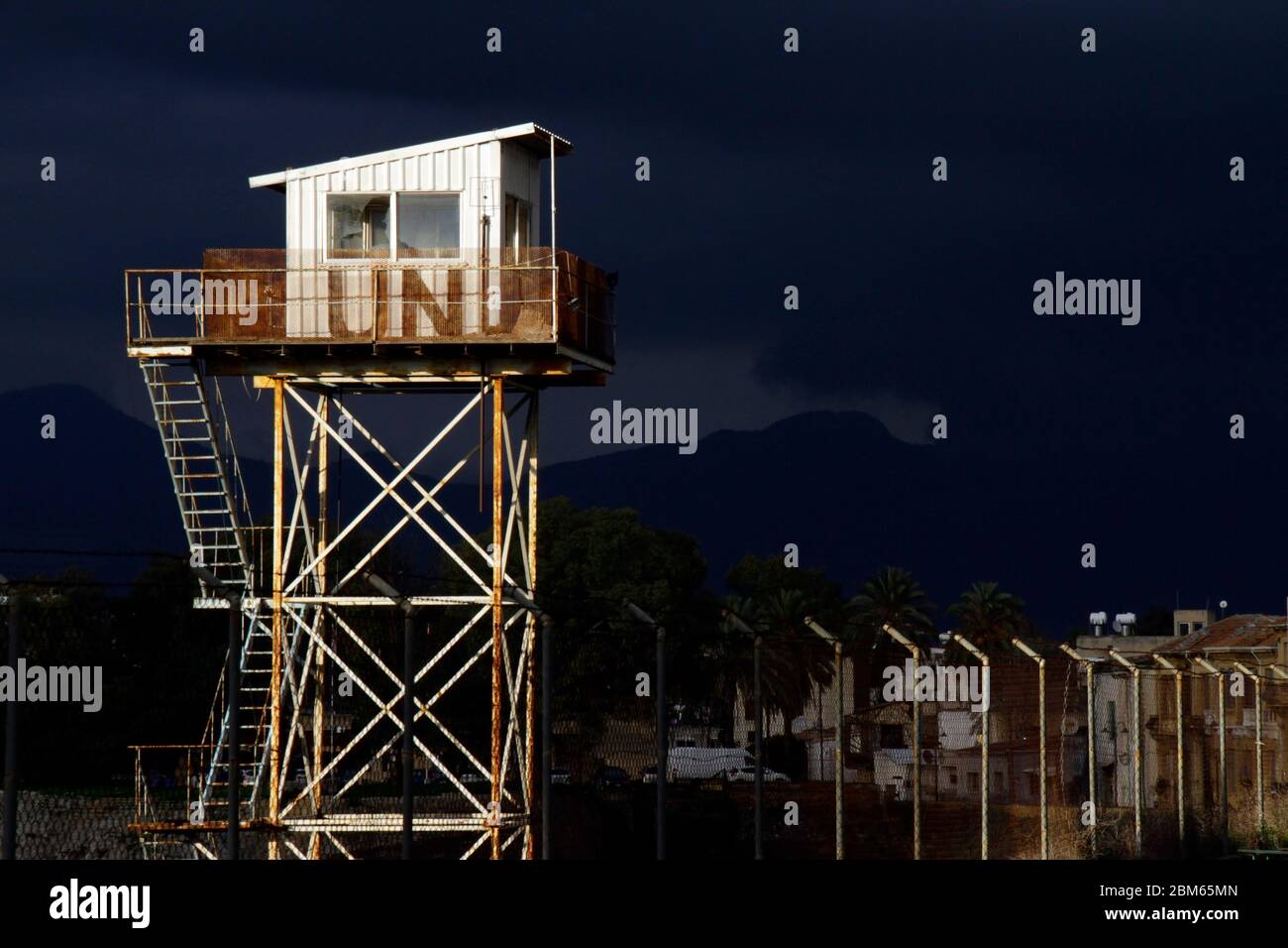 14 Feb 2020 - Nicosia, Cyprus: United Nations guard tower at the border zone 'Green Line' in Nicosia, Cyprus Stock Photo