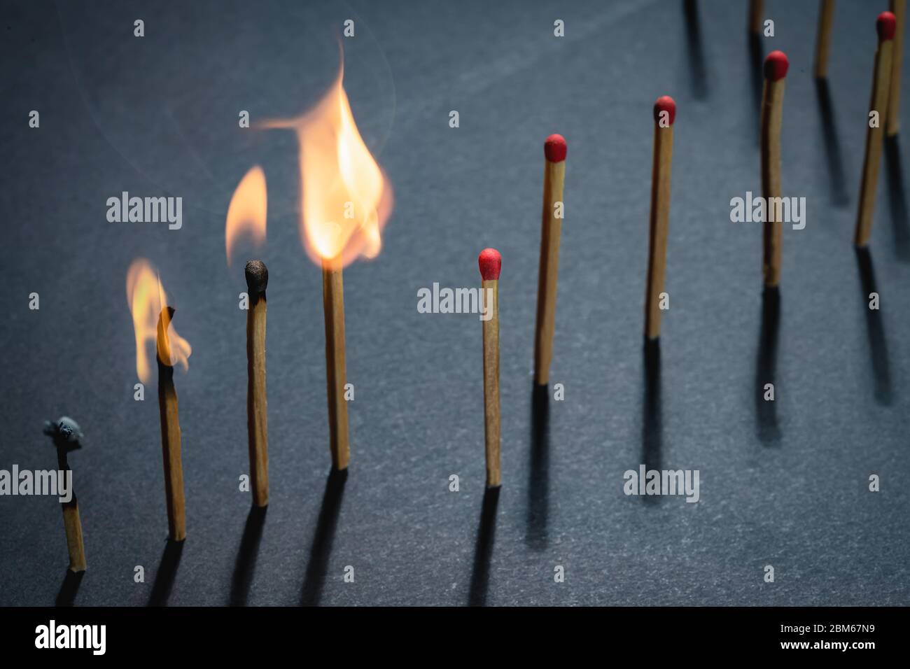Match sticks burn, one piece prevents the fire from spreading - the concept of how to stop the covid-19 coronavirus from spreading: stay at home Stock Photo