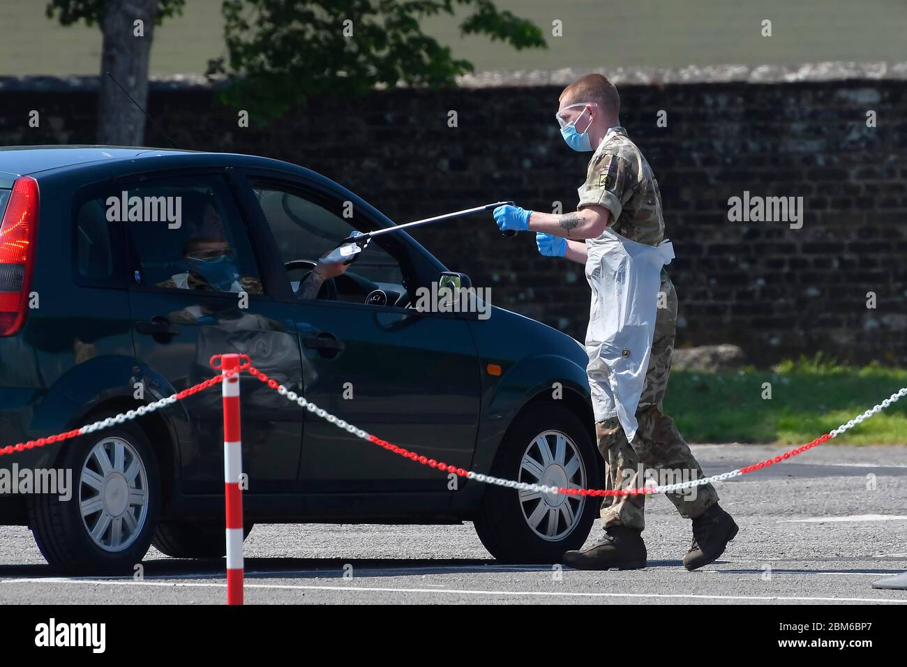 Dorchester, Dorset, UK.  7th May 2020.  Army personnel carrying out coronavirus testing at a car park in Dorchester in Dorset.  Picture Credit: Graham Hunt/Alamy Live News Stock Photo