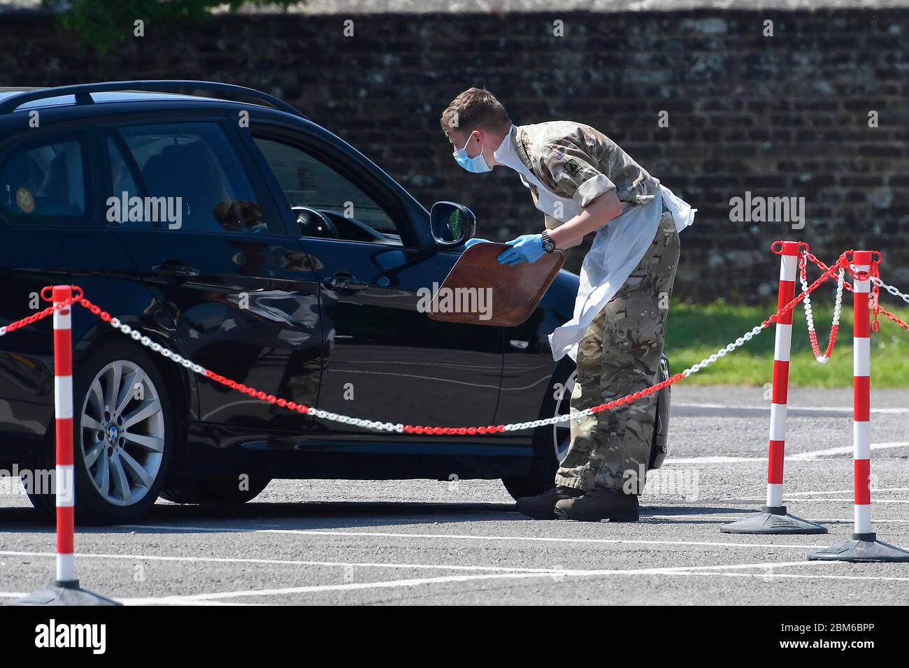 Dorchester, Dorset, UK.  7th May 2020.  Army personnel carrying out coronavirus testing at a car park in Dorchester in Dorset.  Picture Credit: Graham Hunt/Alamy Live News Stock Photo