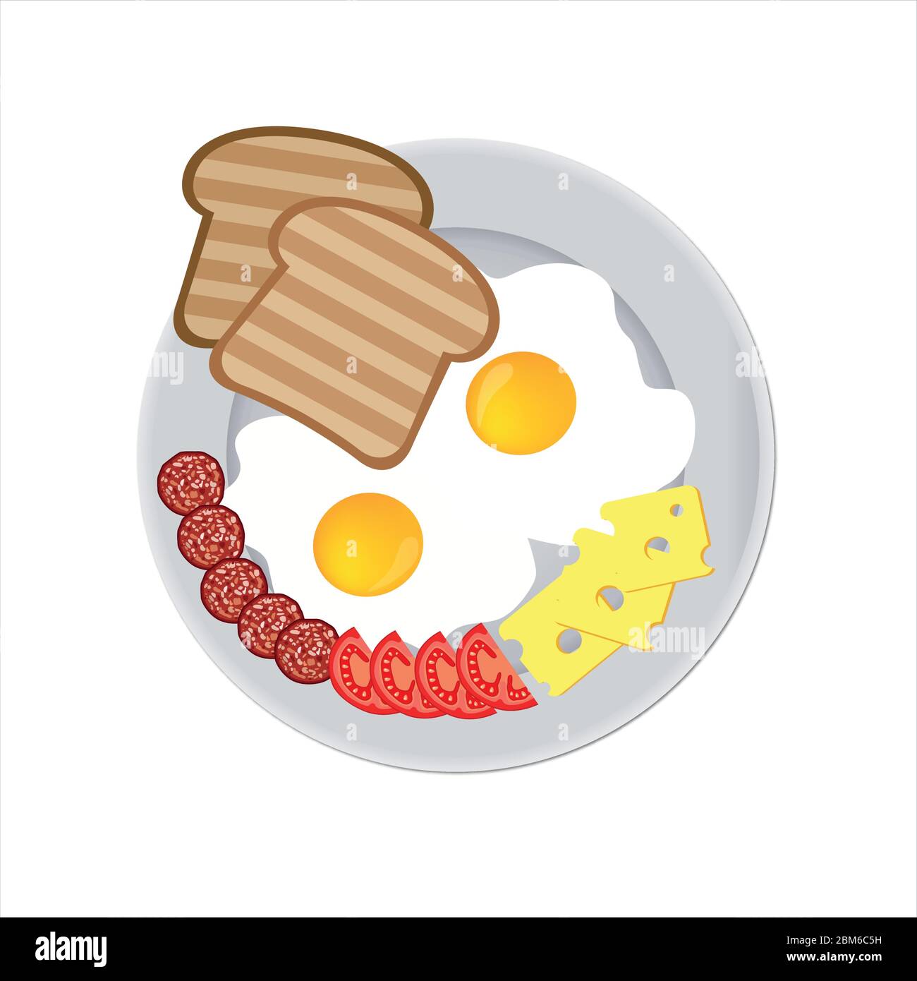 Fried eggs with toast, soft cheese, tomatoes and sausage on a plate isolated Stock Vector