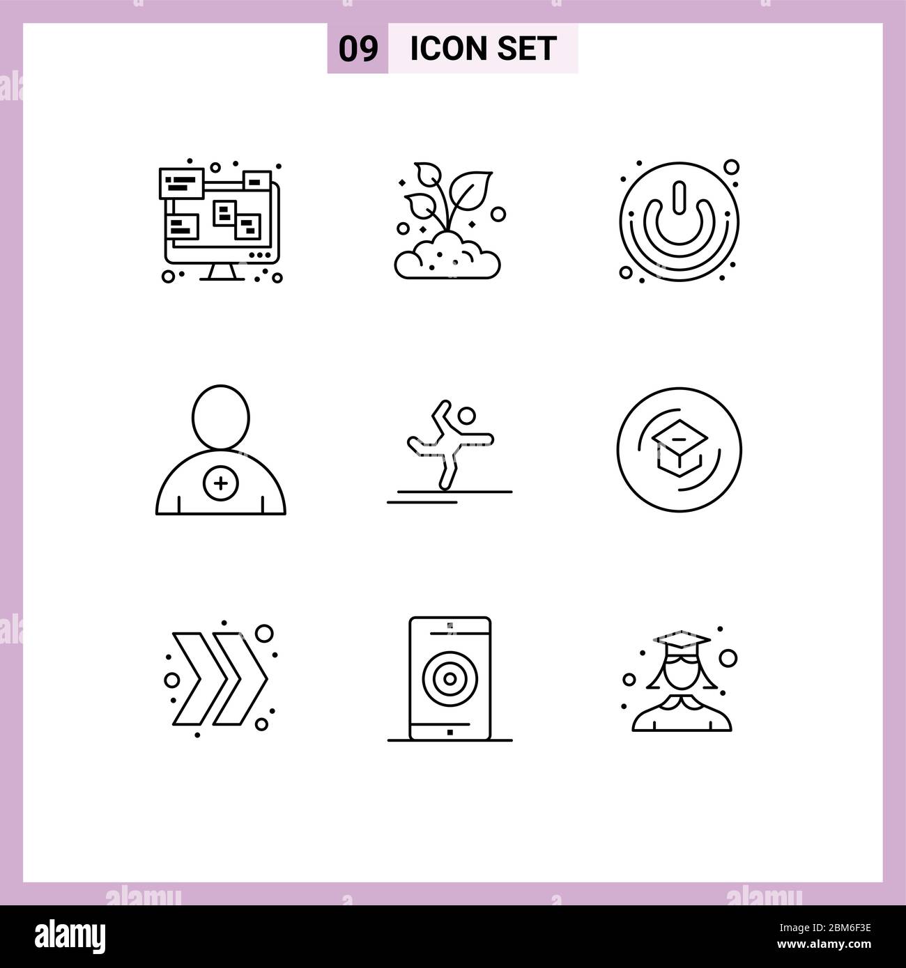 9 Universal Outlines Set for Web and Mobile Applications gymnastics, user, on off, new, switch Editable Vector Design Elements Stock Vector