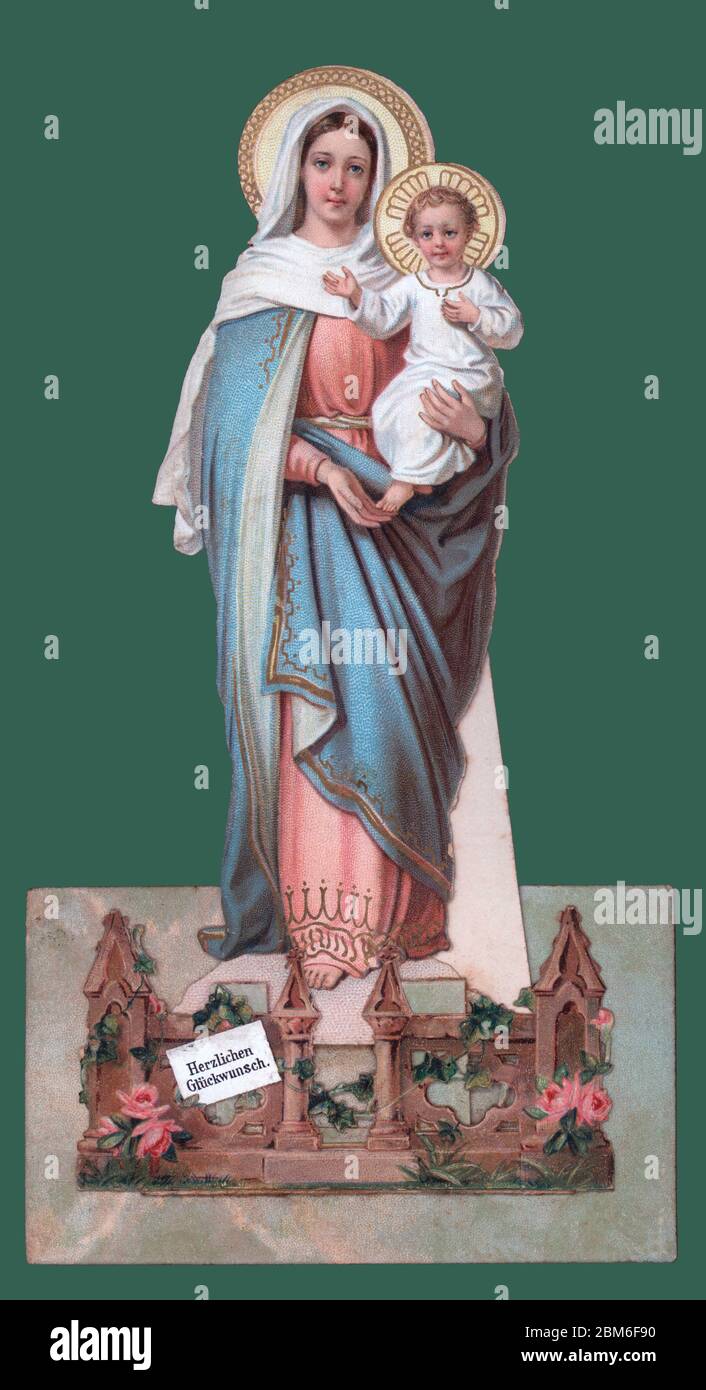 Imagen religiosa troquelada de la Virgen María, madre de Jesús, con el niño en sus brazos. Impreso en Alemania. Año 1900. Stock Photo