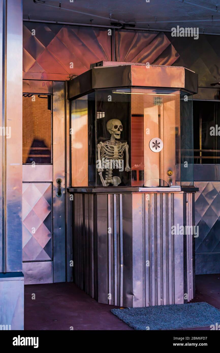 Box office of the old Strand Theatre ready for Halloween on Main Street in Helper, Utah, USA [Note: No property release; photograph available for edit Stock Photo