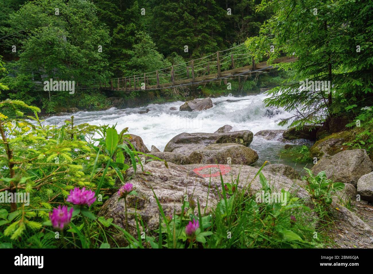 Hiking to the Reinbach Waterfalls over the Franziskus Path in Sand in Taufers South Tyrol Italy. Stock Photo