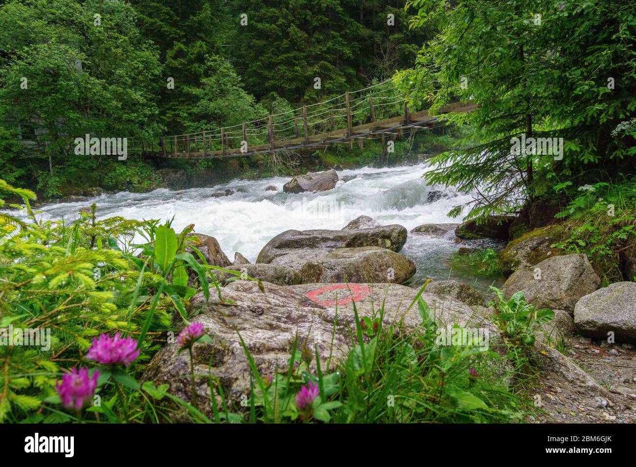 Hiking to the Reinbach Waterfalls over the Franziskus Path in Sand in Taufers South Tyrol Italy. Stock Photo