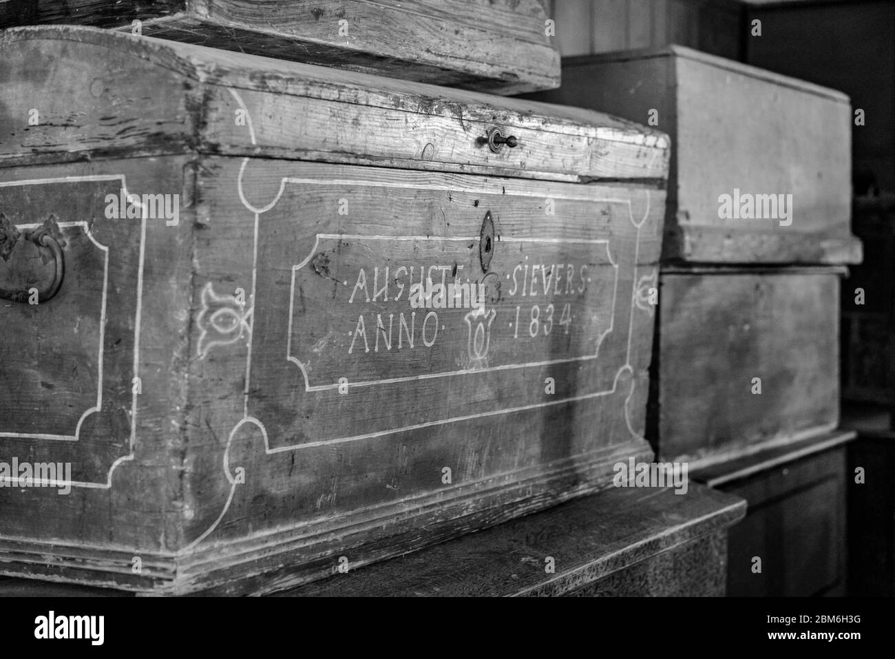 Antique chest with writing that reads 'Auguste Sievers Anno 1884' Stock Photo