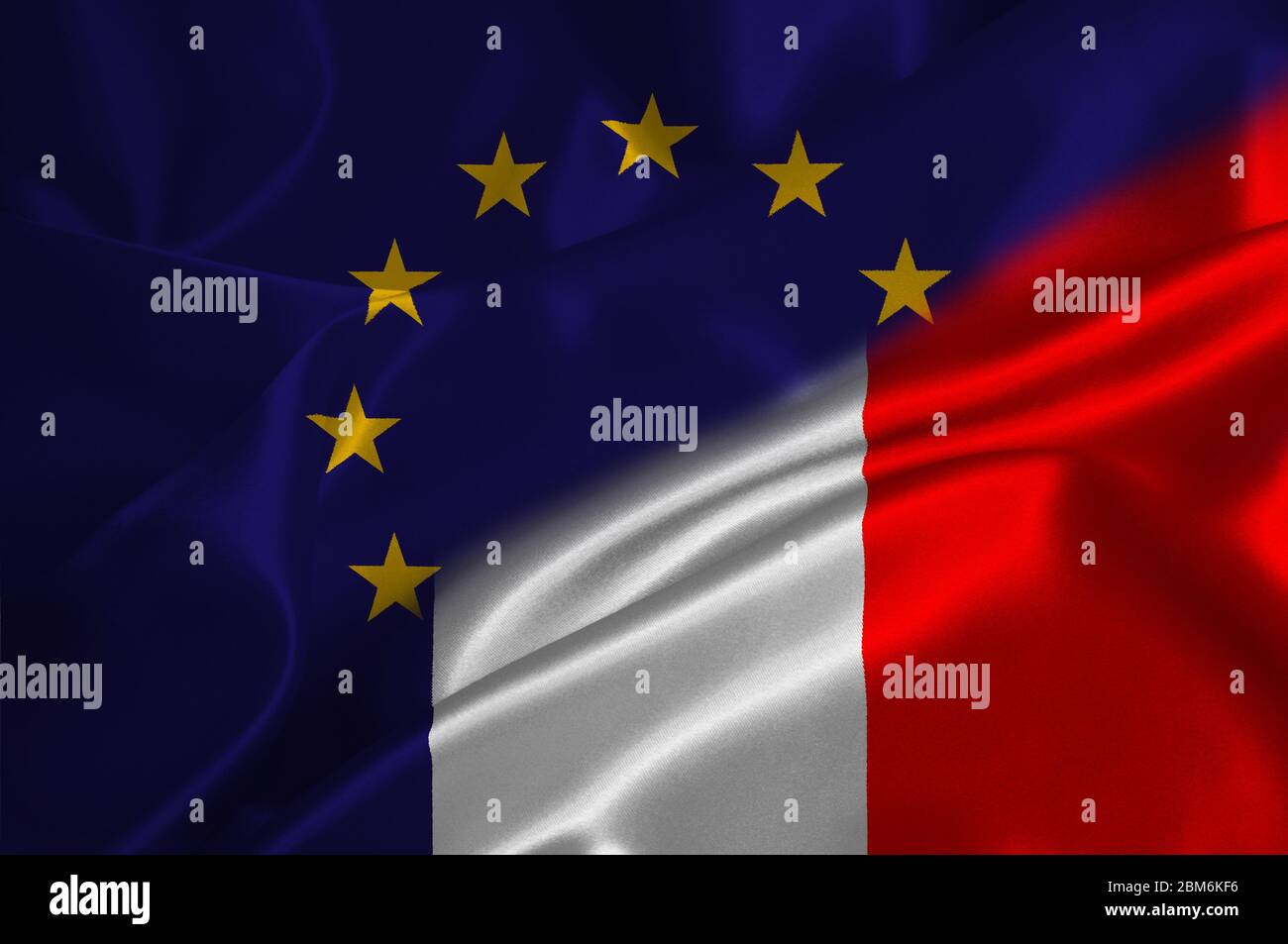 EU flag and France flag on satin texture. Stock Photo
