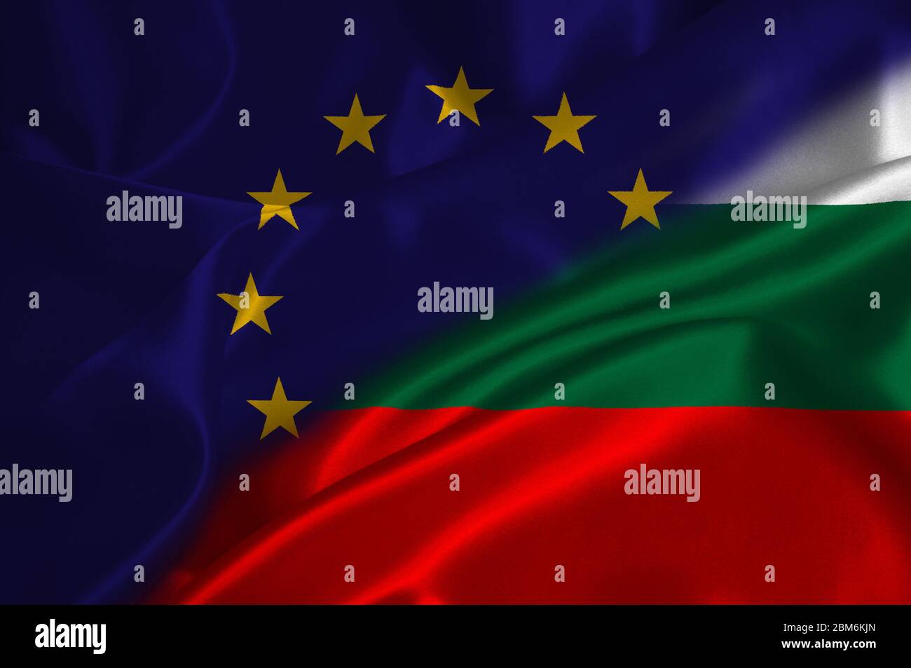 EU flag and Bulgaria flag on satin texture. Stock Photo