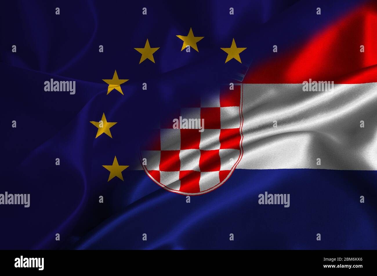 EU flag and Croatia flag on satin texture. Stock Photo